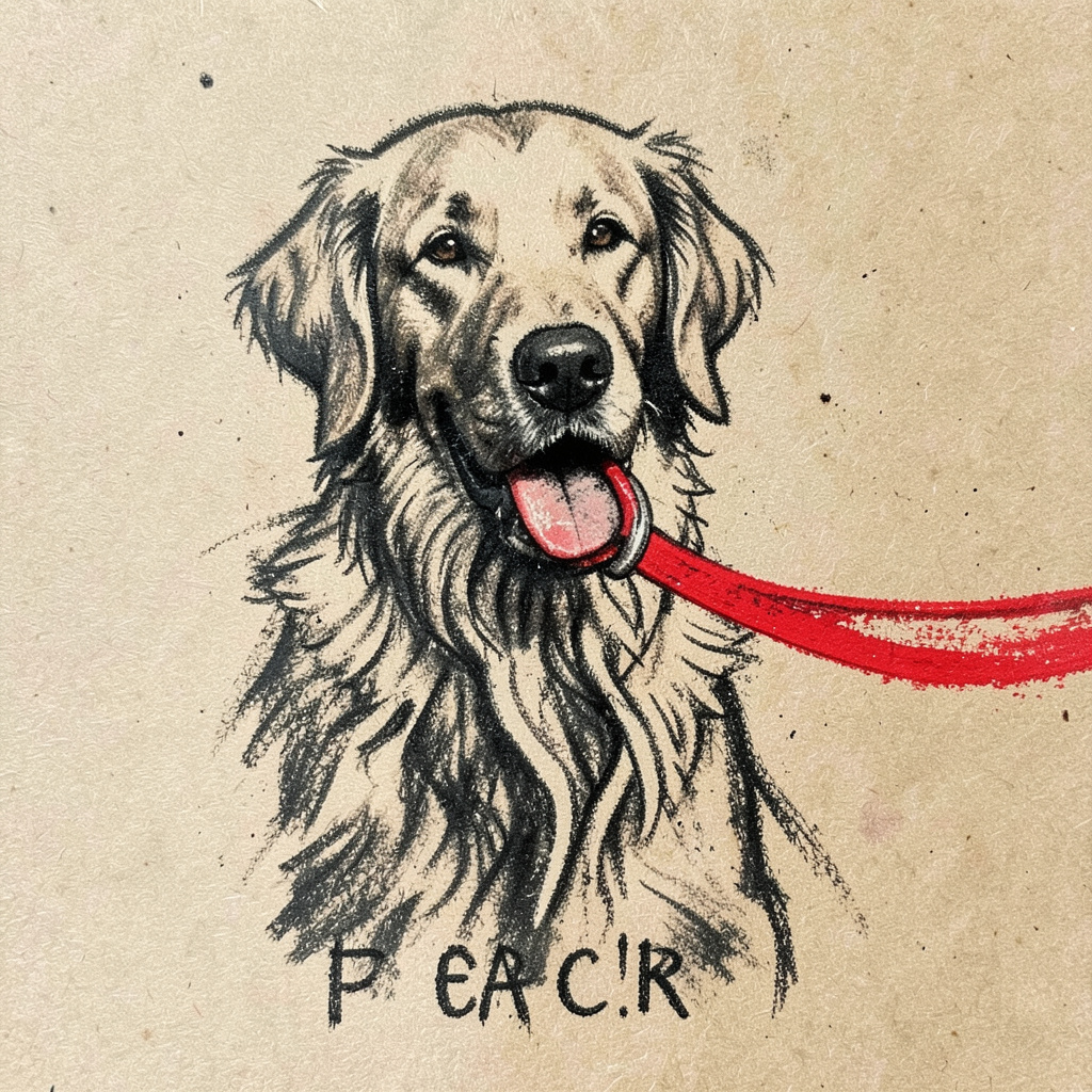 A playful charcoal sketch of a golden retriever holding a leash in its mouth, with a handwritten-style caption on kraft-toned paper.